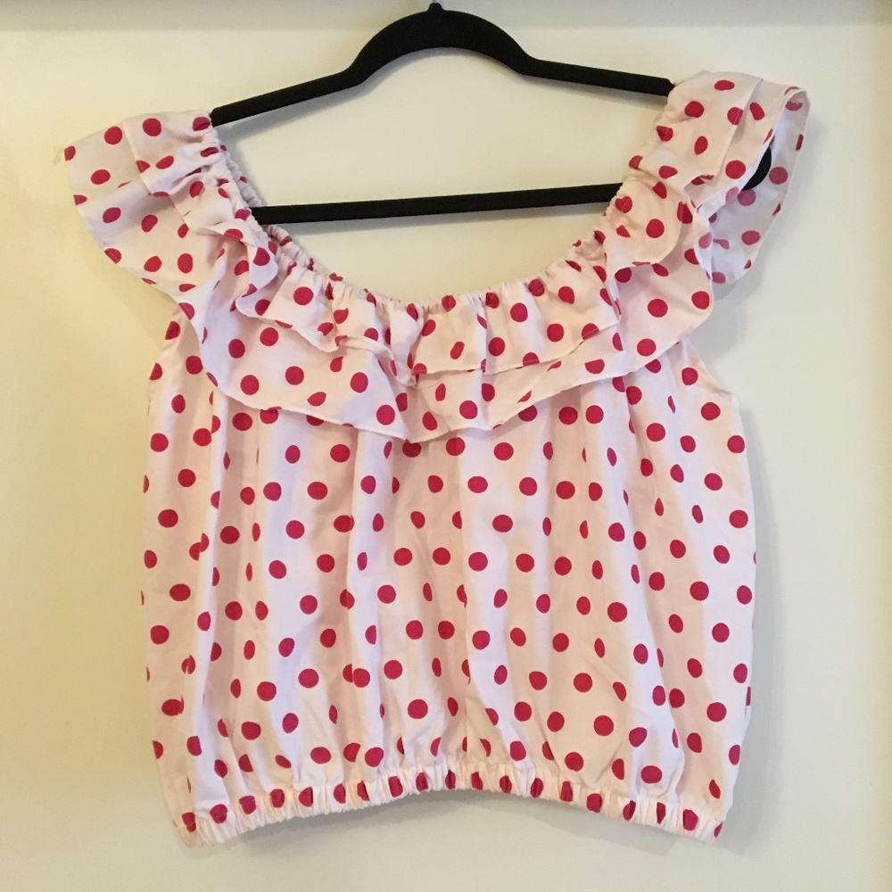 Vintage Pink Polka-Dot Ruffled Crop Top Sz. L